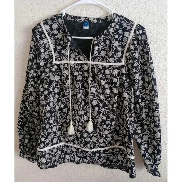 Old Navy Boho Peasant Top Relaxed Long Sleeve Black Floral Cotton Size XS - Picture 1 of 5